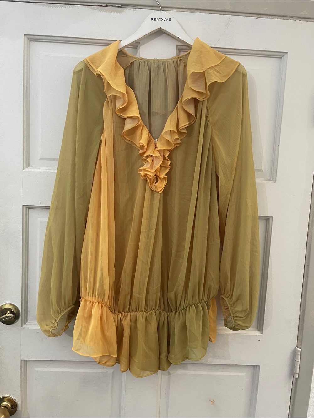 REVOLVE Two-Tone Yellow Ruffle V-Neck Sheer Blouse